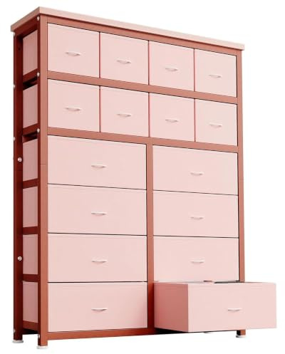 AffinityFurn Hohe Kommode in Rosa für Schlafzimmer, 16 Schubladen aus Stoff mit geräumiger Aufbewahrung für Kleidung und Zubehör, vertikales Aufbewahrungsmöbel für kleines Schlafzimmer (Rosa)