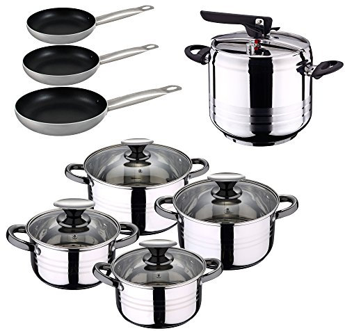 San Ignacio Olla A PRESION 7 L Duna + BATERÍA Cocina 8 PCS SIP + Set 3 SARTENES Proffesional Chef Platinum, Cromado