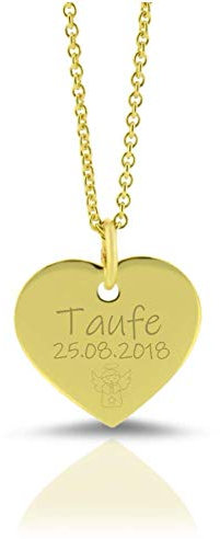 333 /- Gold Kette Taufschmuck Herz mit Gravur Gelbgold Namenskette Schmuck zur Taufe Gravur moderne Taufkette aus Gold mit Namen Geburt Heilige Taufe Taufgeschenk Mädchen Goldherz