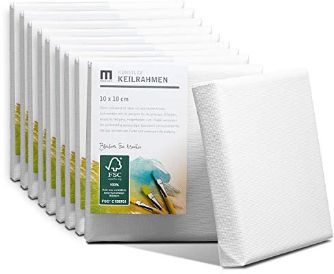 10er-Set 10x10cm Künstler-Leinwand Canvas zum Bemalen. Die leere, weiße Leinwand aus 100% Baumwolle ist umlaufend aufgespannt auf FSC® Holz-Keilrahmen mit 17mm Stärke, 280g/m², 2-fach weiß grundiert