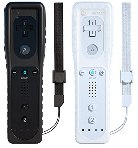 2 mandos a distancia para Wii, mandos de juego remoto TechKen compatibles con Wii de repuesto con silicona y correa de muñeca (blanco y negro)