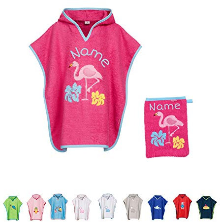 Stickling SET Kinder Badetuch Poncho und Waschhandschuh Waschlappen bestickt | personalisiert mit Namen | Baby Kapuze Bademantel | Robe | Baumwolle (pinker Flamingo S)