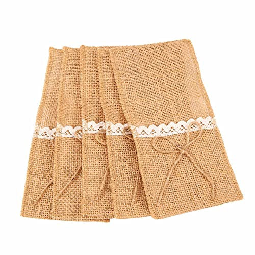 Liseng 20PCS Country Wedding Table Silverware Holder Natural Burlap Cutlery Pockets Fork Pockets Rustic Wedding Decoration