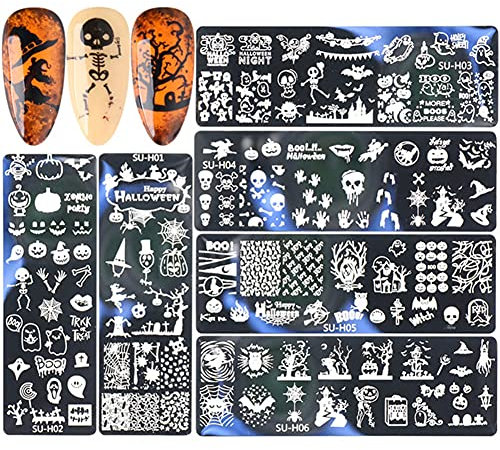 Set de Stamping Nail Art 6 Pcs Plantillas para Uñas, DIY Herramientas para Arte de Uñas con Varios Estampados, Nail Art Stamping Plates Halloween