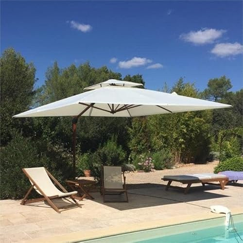 PURPLE LEAF Alu Holzoptik Ampelschirm Rechteckig 270 x 365 cm Rechteckig Sonnenschirm Groß 360°Drehbar Gartenschirm mit Kurbel Doppeldach, Cream
