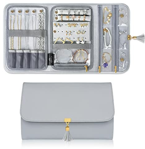 MATEIN Jewellery Rolls for Travelling, Large Leather Travel Case, Portable Jewelry Necklace Organiser Earring Storage Box for Journey-Rings, Grey