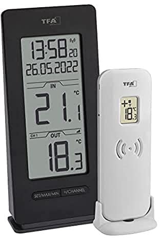 TFA Dostmann Funk Thermometer Innen und Außen, 30.3072.01.90, inkl. Funkuhr und Datum, Temperatur messen, Max.-Min. Funktion, kabellos, Amazon Exklusiv, schwarz