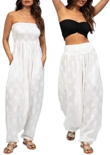 likemary Tuta Jumpsuit Donna in Cotone Stile Harem - Tirare Giù per fare Harem Pants - 2-in-1 Vestito - Tuta Intera Estiva & Pantaloni Harem con Tasche Ideale Per Le Vacanze - Stampa Loto Bianco