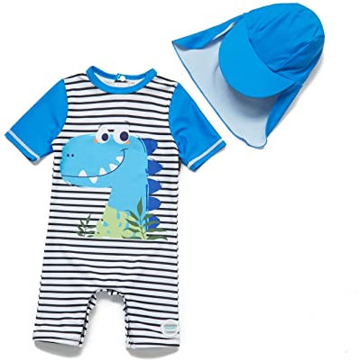 ADAVERANO Baby Jungen Sonnenanzüge UV50+ Badebeklideung EIN-Stück mit kurzen Sleeves mit Sonne Hut.(Gestreifte Dinosaurier,92-98Cm)