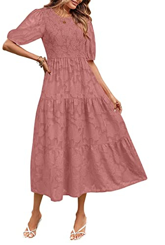 MEROKEETY Sommerkleid für Damen 2025, Puffärmel, gesmoktes Blumenmuster, Rundhalsausschnitt, Spitze, fließend, gestuft, Midi-Kleider