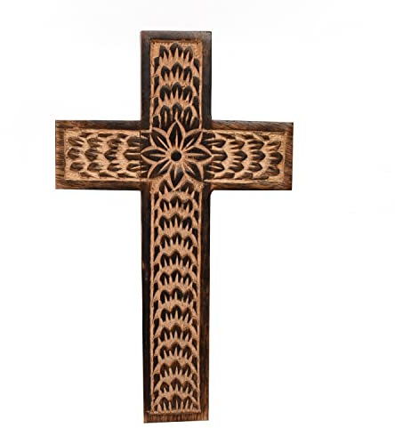 Samhita Croix murale en bois de manguier, sculpture florale de Jésus-Christ, décoration de la maison (25,4 x 15,2 x 1,3 cm)
