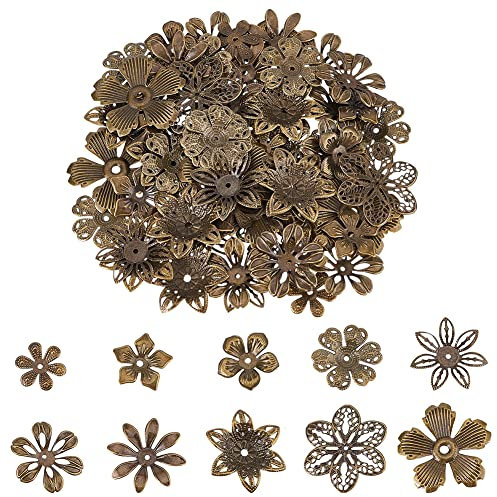 PandaHall 200 Stück Blume Zwischenperlen Eisen-Blumen-Perlenkappe Filigrane Tibetische Endkappen Für DIY-Ohrringe Armbänder Halsketten Schmuck Bastelzubehör Antik Bronze