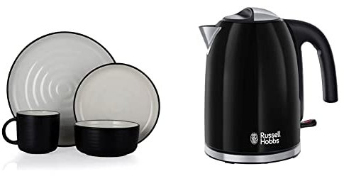 Barbary & Oak BO867006BLK Cascade 16 Piece Dinnerware Set, Stoneware, Black and Cream Speckled & Russell Hobbs 20413 Stainless Steel Electric Kettle, 1.7 Litre, Black