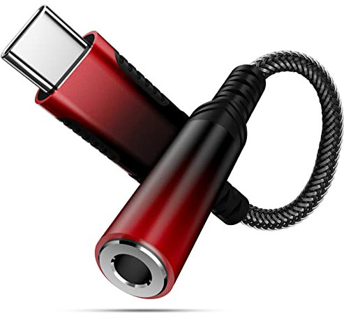 USB Type C to 3.5mm Audio Adapter for Motorola Edge+ iPhone 16 16e 15 Pro Max Male to Female Nylon Cable to Aux Jack Dongle Cord for Google Pixel 9 8 7 Samsung Galaxy S25 S24 S23 S22 S21 OnePlus Red