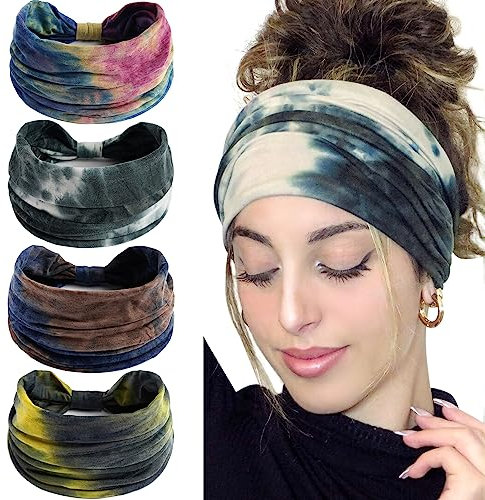 LIHELEI Stirnband Damen Breite, Boho Knot Haarband Krawatte Farbstoff Stirnband für Damen Yoga Sport Haarbänder, Elastische Haarschmuck Turbane-4 Stück