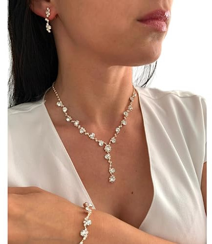 ONDEGO Rosegold 3er Set Strass Schmuck Kette Schmuckset Armband Kommunion Ball Abiball Hochzeit Brautschmuck