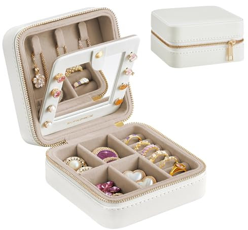 SONGMICS Schmuckkästchen Reise, Schmuckkasten klein, Schmuck-Reiseetui, Spiegel, Reißverschluss, Schmuckaufbewahrung tragbar, PU-Bezug, 11,4 x 11,4 x 5,5 cm, Geschenkidee, wolkenweiß JBC146BEV2