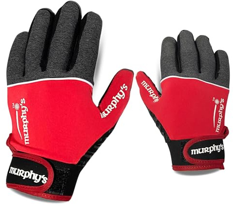 Murphys V2 Gaelic Football Kid's Gloves, Premium Latex Field Players Mittens, GAA Superior Grip, Durable Hook and Loop Closure, Grey and Red, 5 / Under 10Y