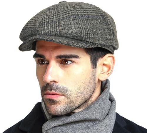 Peaky Stil Schirmmütze Herren, 50% wool Schiebermütze Schwarz Driving Cabbie Jagd Flatcap Newsboy Cap Tellermütze Fischgräten Tweed Retro Schlägermütze Gatsby Baker Boy Schirmmutzen Warm Komfortabel