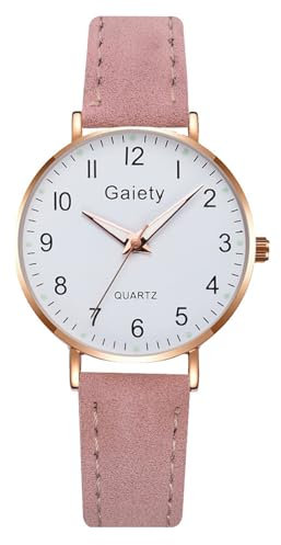 JewelryWe Uhren Mädchen Leder Kinderuhr: Einfache Analog Quarz Armbanduhr Kinder Jugendliche Rosa Leder Armband Uhr mit leicht ablesbaren arabischen Ziffern Zifferblatt und Leuchtzeiger