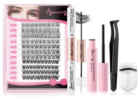 Beauty7 Kit Complet Exercice d' Extension de Cils Artificiels Technique Ensemble Volume C Curl Cils avec Colle Cils, Brosse, Dissolvant Gel (3 styles cluster cils)
