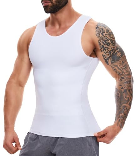 SLIMBELLE Mens Compression Vest Slimming Vest Elastic Men's Body Shaper Tank Slim Shapewear Compression Shirt Tummy Control Waist Trainer (White, XL)