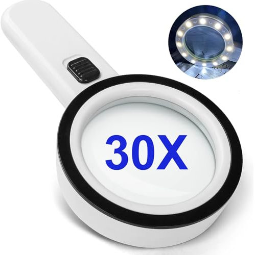 JUOIFIP 30X Lupe mit 12 LED Lichtern Handheld Lupe Glas für Makuladegeneration Senioren Lesen Inspektion Münzen Schmuck