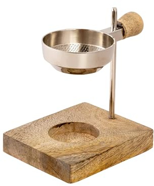 NKlaus Räucherstövchen mit Teelicht, höhenverstellbar, Silber, 1 Stück | Vernickeltes Messing, 11 cm hoch; Räuchersieb Ø 5 cm auf naturfarbener Holzbasis
