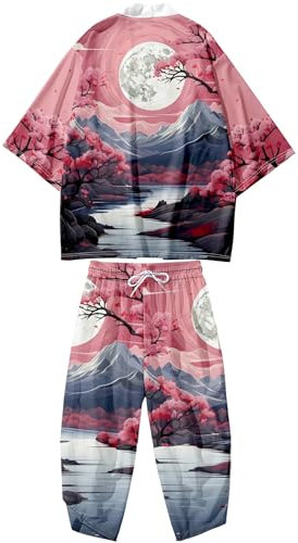 DOSLAVIDA Ensemble de vestes kimono japonaises pour homme - Élégant manteau ouvert sur le devant avec short - Style chinois - Cardigan imprimé, Pantalon-rose 1, Medium