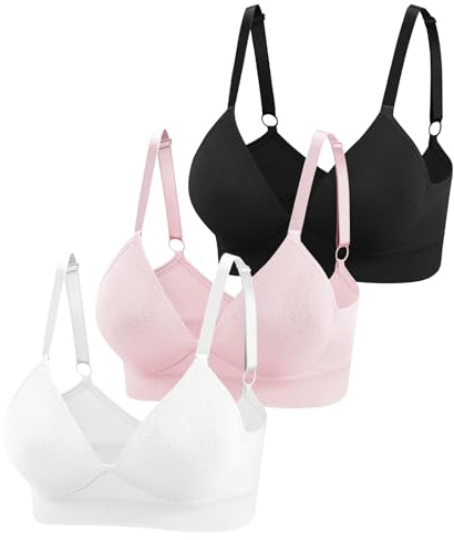 Eleplus 3 Pieces Deep V Wireless Bras for Women Seamless Comfy Bralettes Lightly Lined Multicolors Pack (Black+White+Pink,Medium)