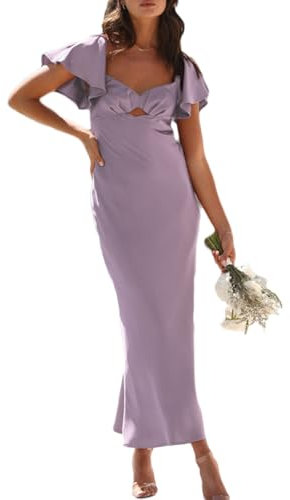 VUBIYA Sommerkleider aus Satin, Flatterärmel, Hochzeitsgästekleider für Damen, Herzausschnitt, Cutout, Raffhalter, Midi-Cocktailkleid, Flieder, Klein