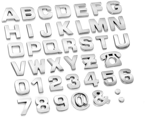 40 Stück DIY 3D Chrome Auto Emblem Aufkleber,Alphabet Buchstaben Symbol Abzeichen Aufkleber Inkl 26 Alphabete +10 Zahlen + 4 Symbol für Auto Motorräder Laptop