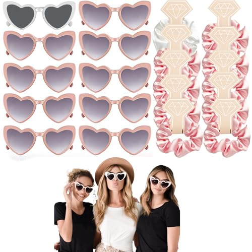 HNLMZ Lunettes de Soleil En Forme de CœUr,10 Lunette de Soleil Coeur et 10 Chouchou Satin de Demoiselle Honneur,Lunette Enterrement de Vie de Jeune Fille,Lunettes de Coeur Décoratives