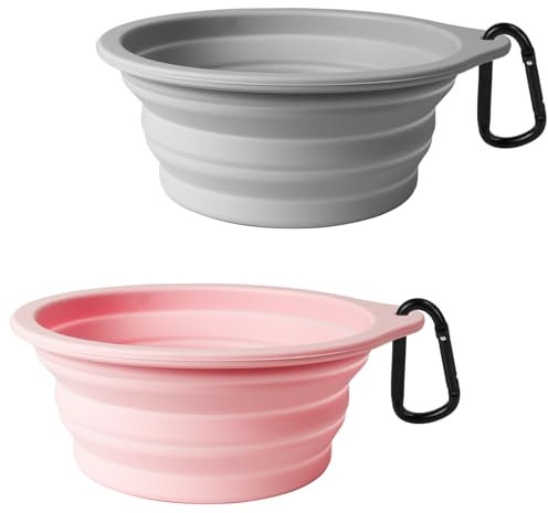 PetBonus Hundenäpfe Faltbar Hundenapf, 2 Stück Silikon Wassernapf für Hunde Unterwegs, Tragbar Auslaufsichere Reisenäpfe mit Karabiner für Hunde Katzen für Wasser und Futter (Grau, Kreide-Rosa)