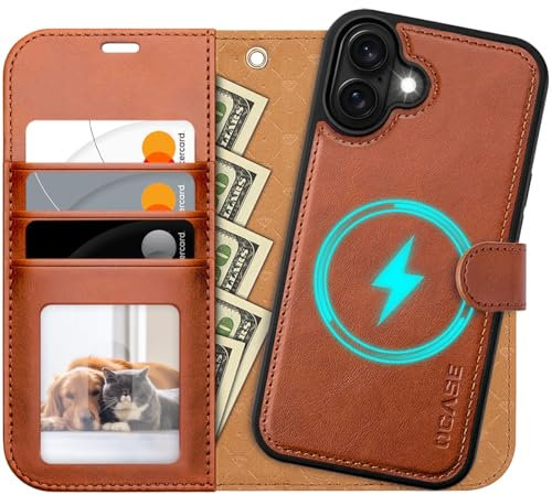 OCASE iPhone 16 Hülle(2in1) Leder Stoßfestes Case, Abnehmbare magnetische Hülle, MitHandschlaufe, Kabelloses Laden, Kartenfach, Standfunktion, Handyhülle RFID Schutzhülle Klapphülle Braun