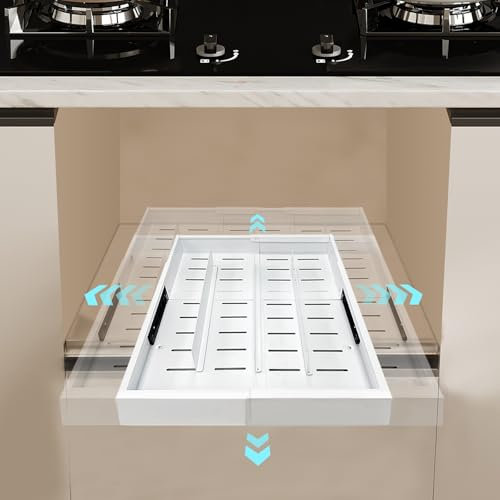 Mamakura Pull Out Cabinet Organiser,Expandable Slide Out Drawer Adjustable Width (11.81 - 19.68) Deep (16.3 - 21.73) for Kitchen Cabinets,No Drilling and Nailing(White