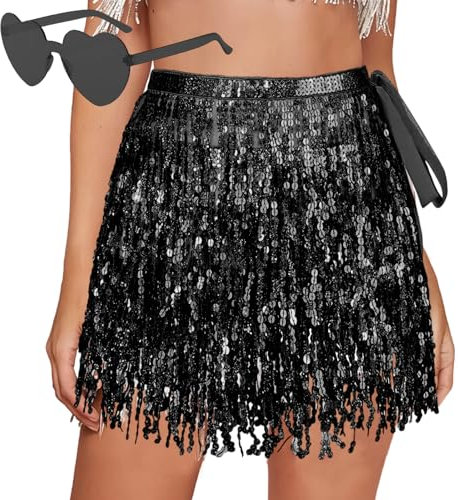 Pailletten Rock, Pailettenrock für Damen Gläser Set, Glitzerrock + Gläser, Quasten Glitzer Rock, Mini Rock für Damen und Mädchen, Schwarz Bauchtanz Lateintanz Hula-Performance Kostüm, Steampunk Stil