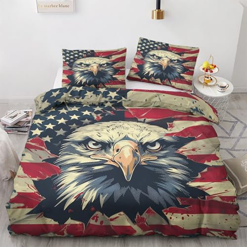 Generisch Adler Deko - Winter Bettwäsche 135x200 Adler, Usa Flagge Bettbezug 135 x 200 2er Set mit 1 Kissenbezug 80x80, Weiche Mikrofaser Winterbettwäsche mit Reißverschluss O*&32