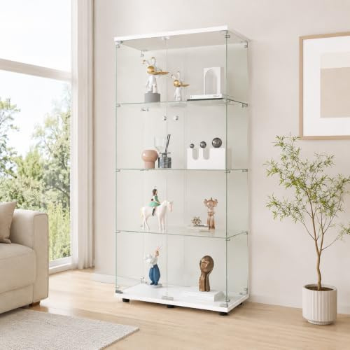 BLSYHDH Glasvitrine Standvitrine 164 cm, für Sammlung mit 2 Türen 4 Regalen transparent Möbel Vitrine Glas Vitrine Figur Glasvitrine Wohnzimmer Bar (4 Etagen, 2 Türen, weiß)