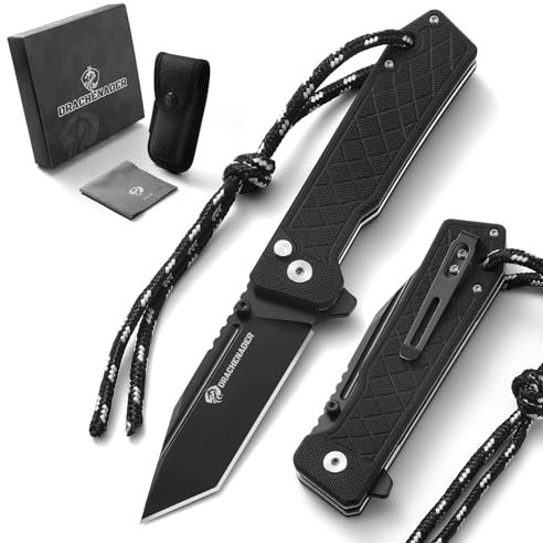 DRACHENADER Einhandmesser mit Button Lock, Tanto-Klinge, Taschenmesser IE-BR, 14C28N Stahl, G10 Griff, Klappmesser mit Clip, Nylon-Tasche für Camping, Vollschwarz
