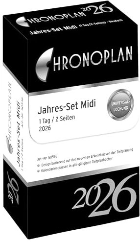 Chronoplan 50536 Kalendereinlage 2026 (Jahres-Set Midi (96x172mm), Ersatzkalendarium für Terminplaner, Tagesplaner, ideal für detaillierte Tagesplanung, 1 Tag auf 2 Seiten, mit Universallochung) weiß