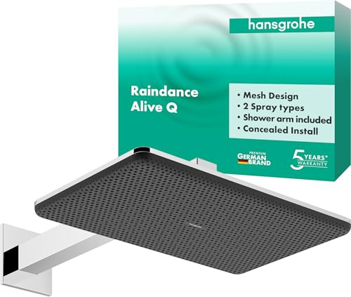 hansgrohe Raindance Alive Q - wassersparende Kopfbrause (EcoSmart) mit Brausearm, Duschbrause (340x210mm), Regendusche mit 2 Strahlarten für Wandmontage, Brausekopf, Antikalk-Funktion, Chrom, 24551000