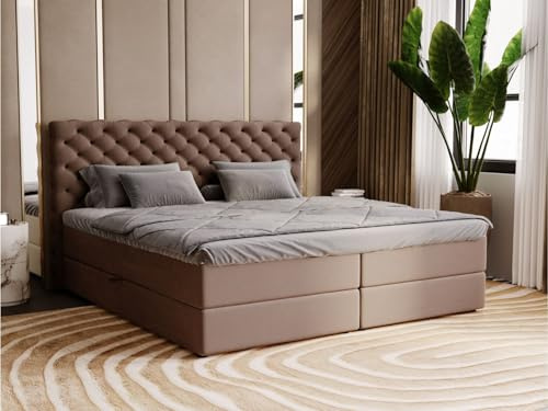 GRAINGOLD Bergamo Bett 140x200, Boxspringbett mit Bettkasten, Polsterbett mit Bonell-Matratze, Samt Stoff, mit Topper, mit Kopfteil (Braun, 140x200)