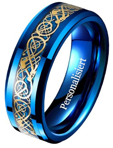 NUNCAD Personalisiert Wolfram Ring Herren 8mm Gold Keltischer Drachenring Blau Eheringe mit Kohlefaser und Abgeschrägte Kanten Größe 57(18.1)