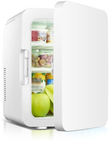hxoity 10L Mini -Kühlschrank Gefrierschrank Für Schlafzimmer Tischkühlschrank Tragbar Lebensmittelheizung Getränkekühler Ideal Für Schlafzimmer Und Kleine Büroräume AC+DC -Leistung(White)