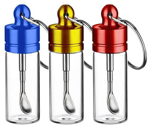NORDLYKT 3pcs Pill Organiser, Pill Case With Mini Spoon, 6cm Height Portable Discreet Storage Portable Container Keychain, Lightweight Travel Vials (Blue, Yellow, Gold)
