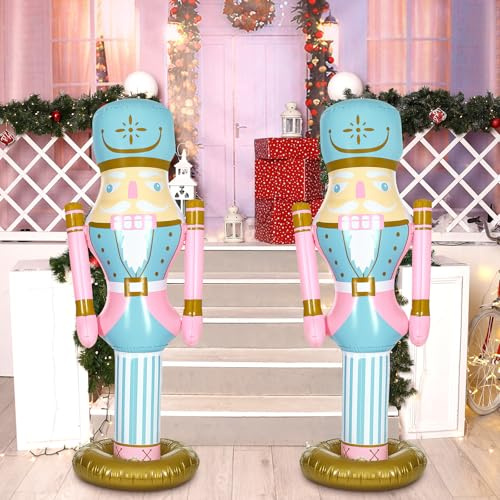 Leyndo 2pcs 5 ft Inflatable PVC Nutcracker Figures Christmas Decor for Xmas Indoor Outdoor Lawn Weatherproof Decor(Pastel Pink)
