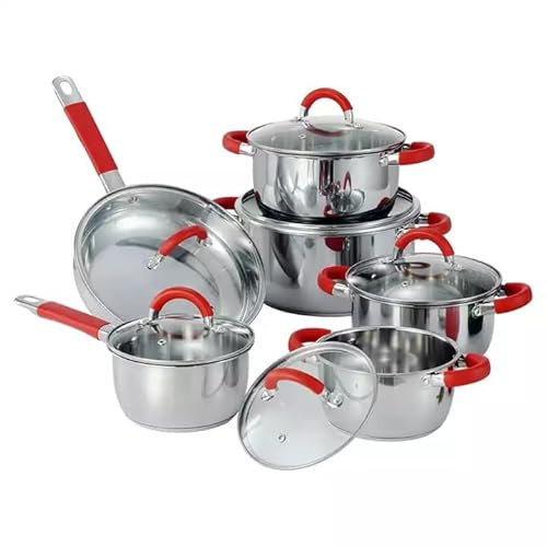 Set de cocina 12 piezas de acero inoxidable | Ollas, cacerolas y sartenes con tapas de vidrio templado | Apto para inducción, gas, vitrocerámica y eléctricas | Asas rojas antideslizantes