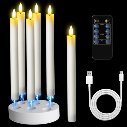 Lieberwell LED Stabkerzen mit Timerfunktion und Ladestation, 6er LED Stabkerzen Wiederaufladbar Kerzen Flackernd mit Fernbedienung Timer für Zimmer Wohnzimmer Halloween Weihnachten Tisch Party Deko