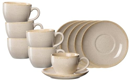 Ritzenhoff & Breker Sahara Kaffeetassen mit Untertassen 6er Set | 230 ml | Rustikaler Handmade-Look durch Reaktivglasur, Sanfte Sandtöne | Porzellan, Spülmaschinenfest | Creme